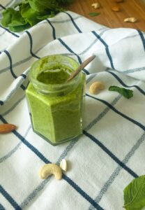 Arugula Mint Pesto in a glass jar