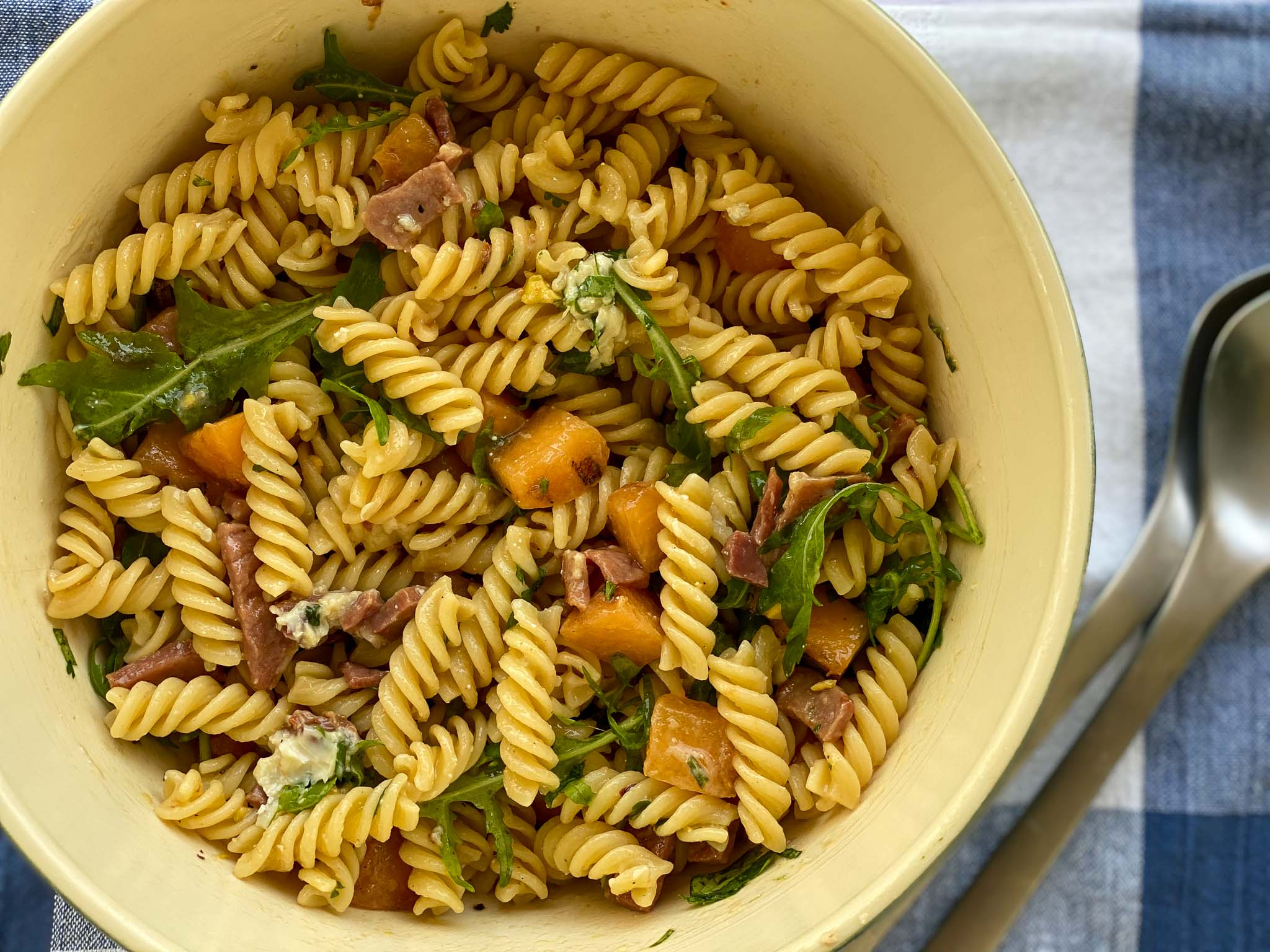 Grilled Melon Pasta Salad with Crudo Ham & Gorgonzola