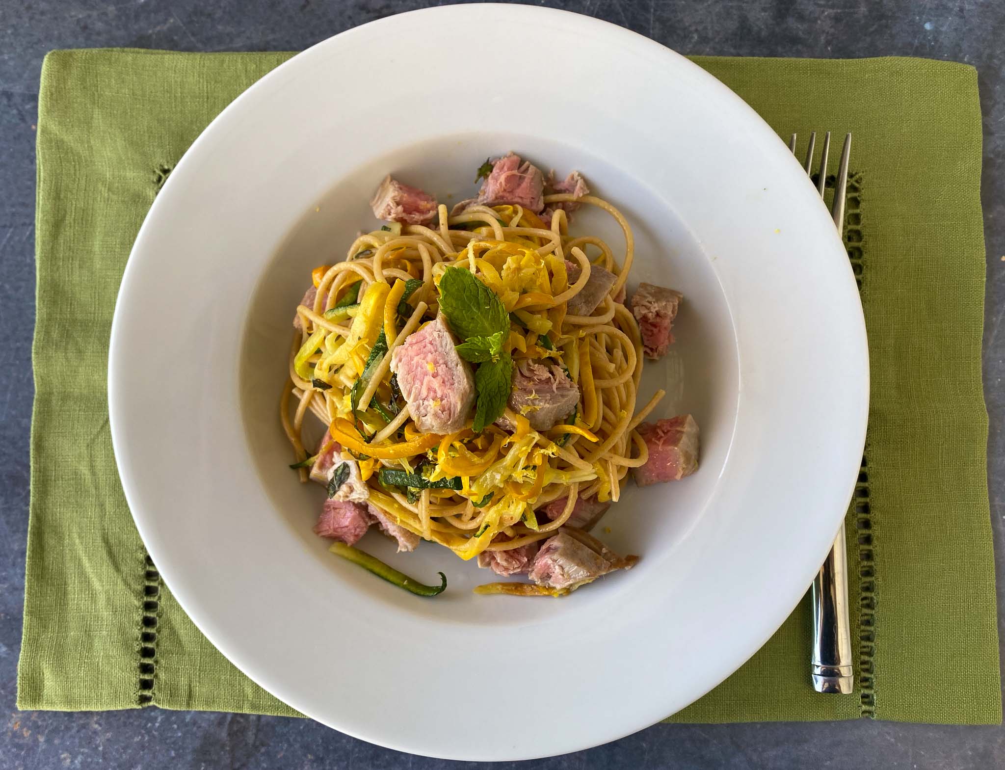 Zucchini and Yellow Squash Whole Wheat Spaghetti with Tuna