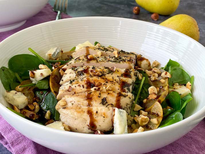 Gorgonzola, Pear & Chicken Salad With Hazelnut and Balsamic Glaze