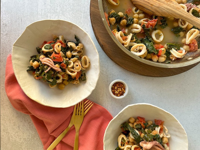 Warm Squid Salad with Kale and Chickpeas